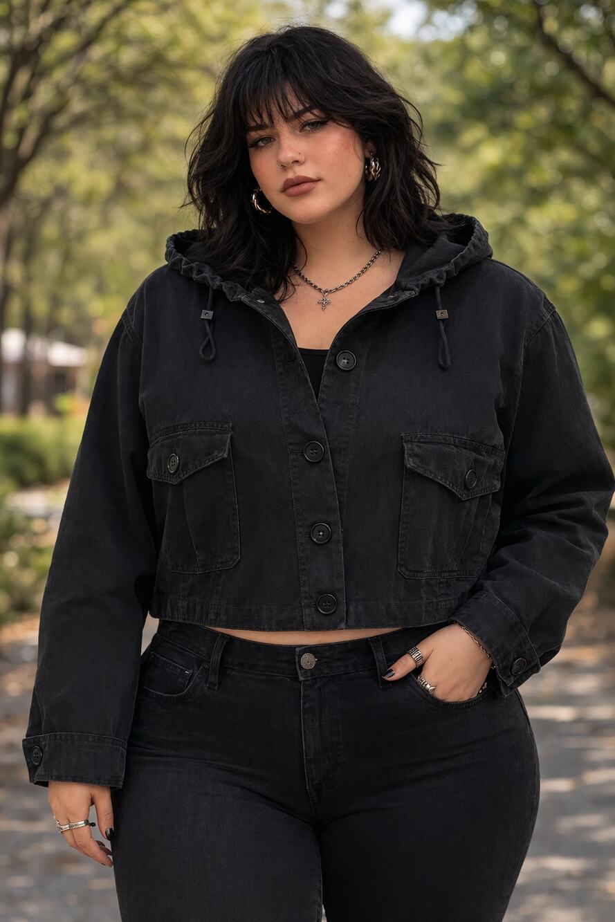 Black Cropped 100% Cotton Denim Jacket Women’s Hooded Button Front Coat